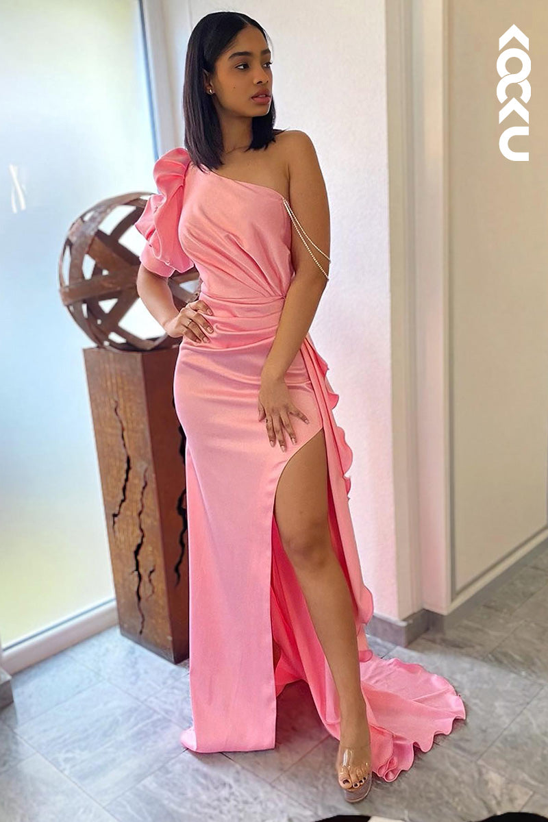L2050 - One Shoulder Half Sleeves Ruched Satin Sheath Long Prom Evening Dress
