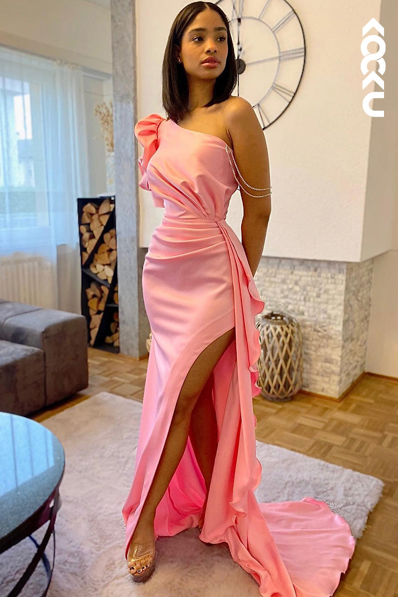 L2050 - One Shoulder Half Sleeves Ruched Satin Sheath Long Prom Evening Dress