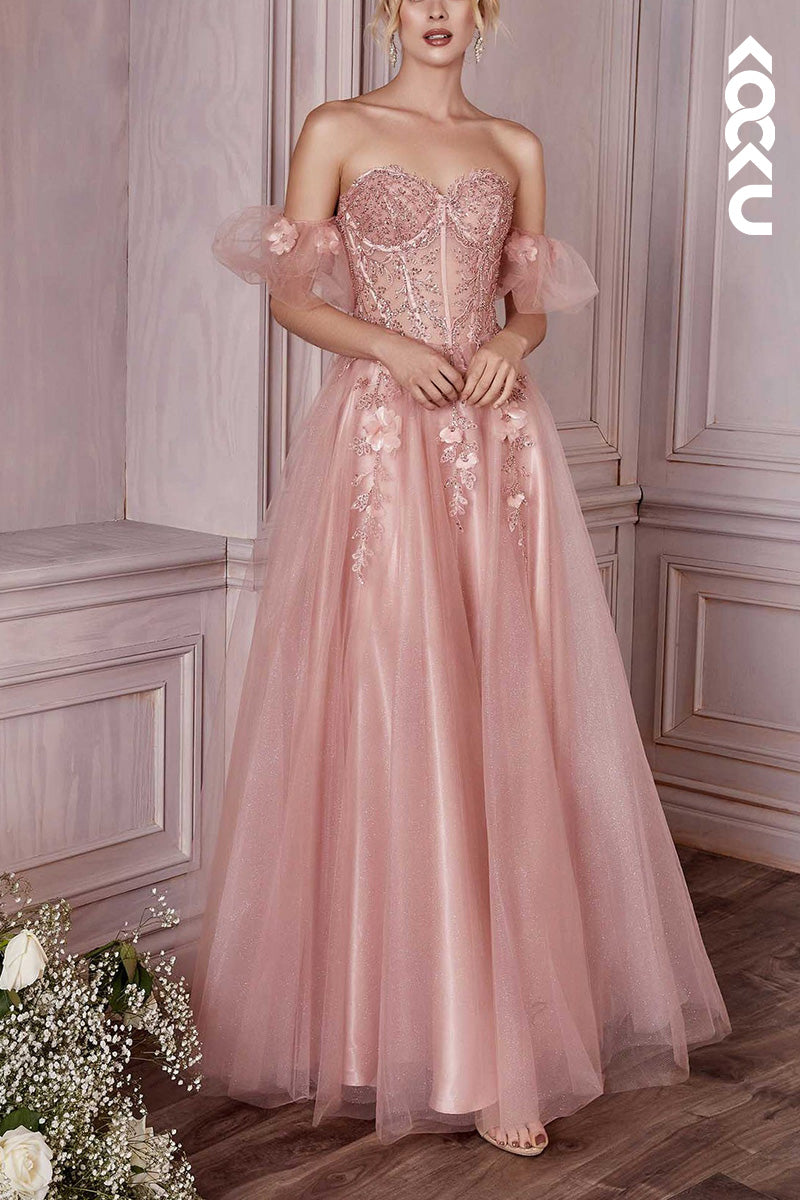 L2051 - Sweetheart Strapless Floral Appliqued Ruched Tulle A-Line Long Prom Dress