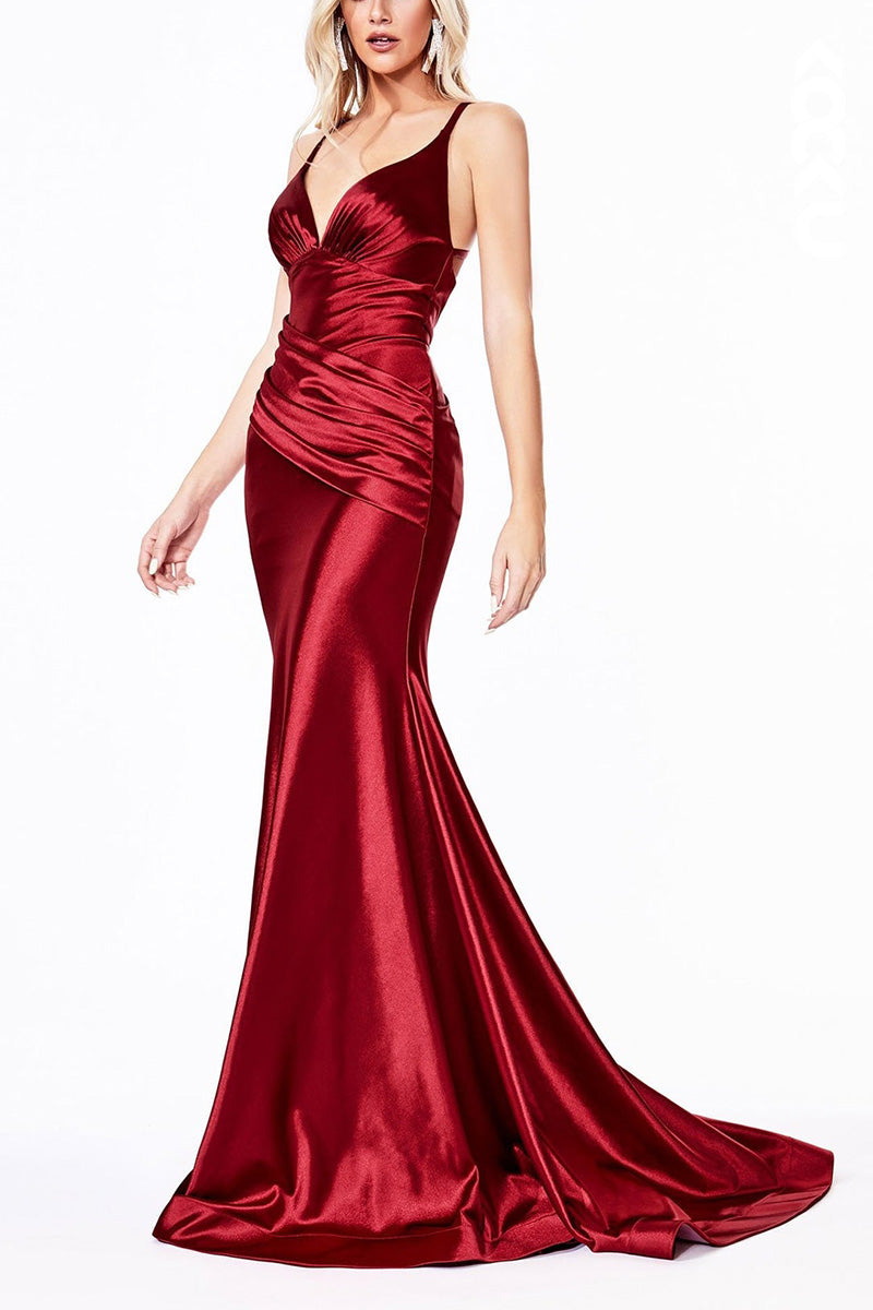 L2057 - Sweetheart Spaghetti Straps Ruched Satin Mermaid Long Prom Evening Dress