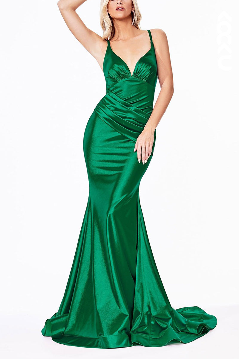L2057 - Sweetheart Spaghetti Straps Ruched Satin Mermaid Long Prom Evening Dress