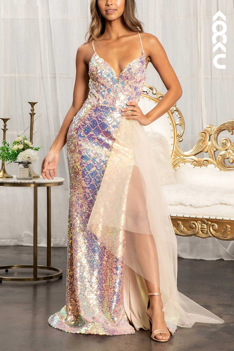 L2063 - V-Neck Spaghetti Straps Sequined Tulle Sheath Long Prom Evening Dress