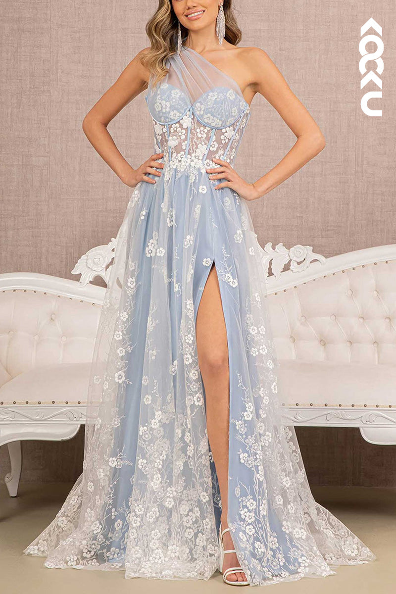 L2064 - One Shoulder Floral Print Sheer Ruched Tulle A-Line Long Prom Evening Dress