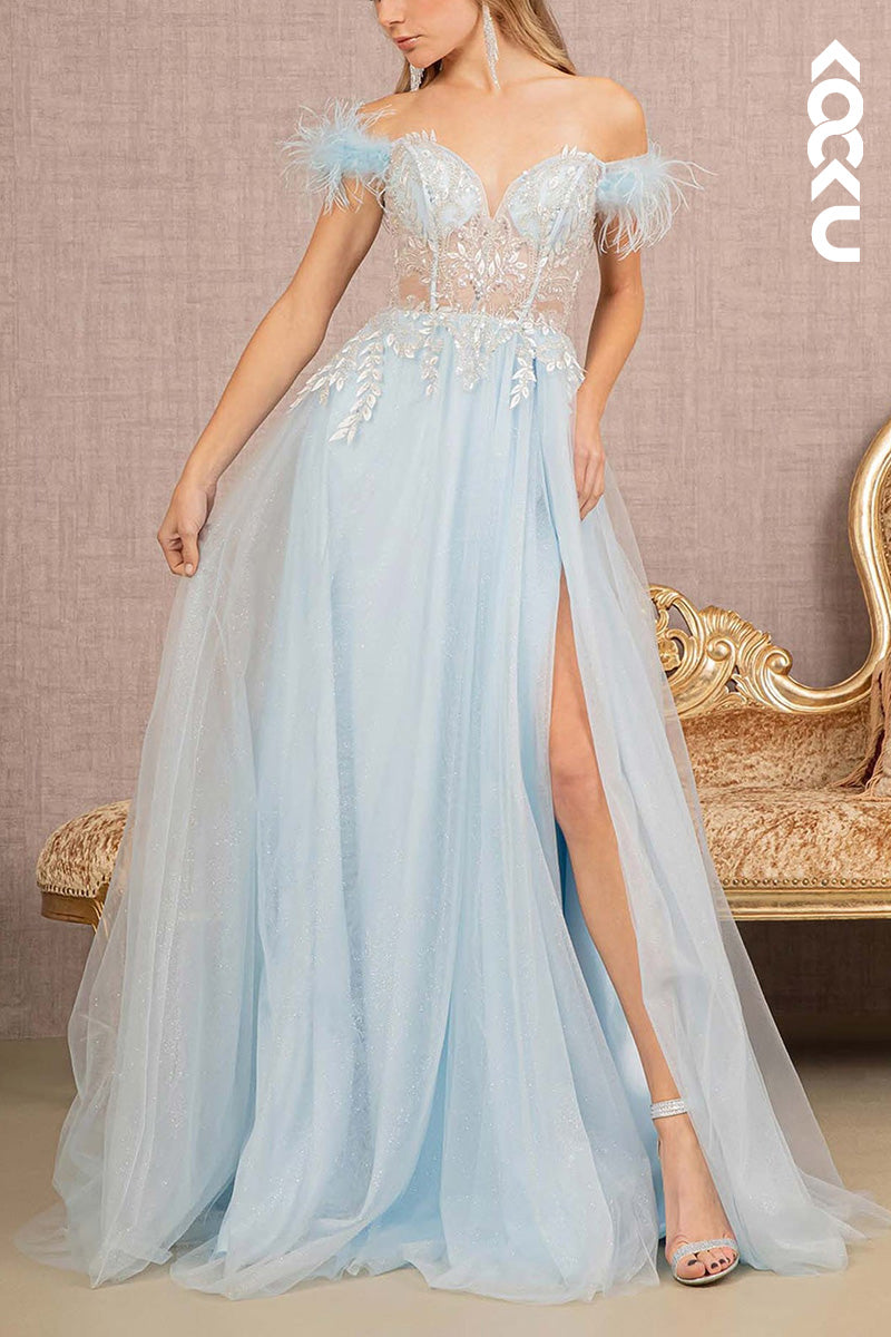 L2066 - Off-Shoulder Sweetheart Appliqued Feather Sheer Tulle A-Line Long Prom Dress