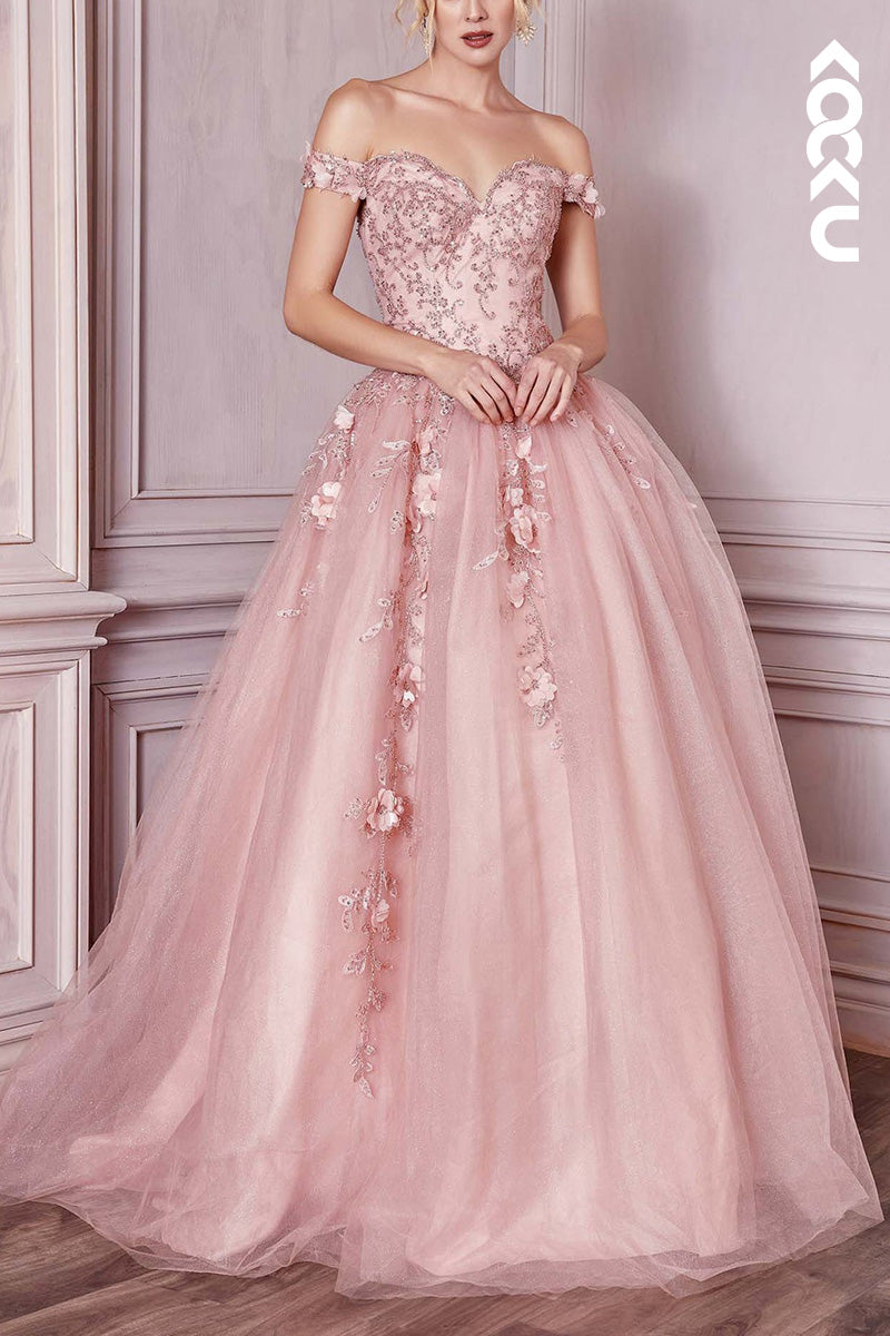 L2085 - Off-Shoulder Strapless Floral Appliqued Beaded Long Ball Prom Evening Dress