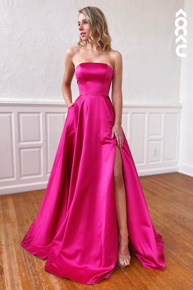 L2091 - Strapless Sleeveless Lace-Up Satin A-Line Long Prom Evening Dress With Slit