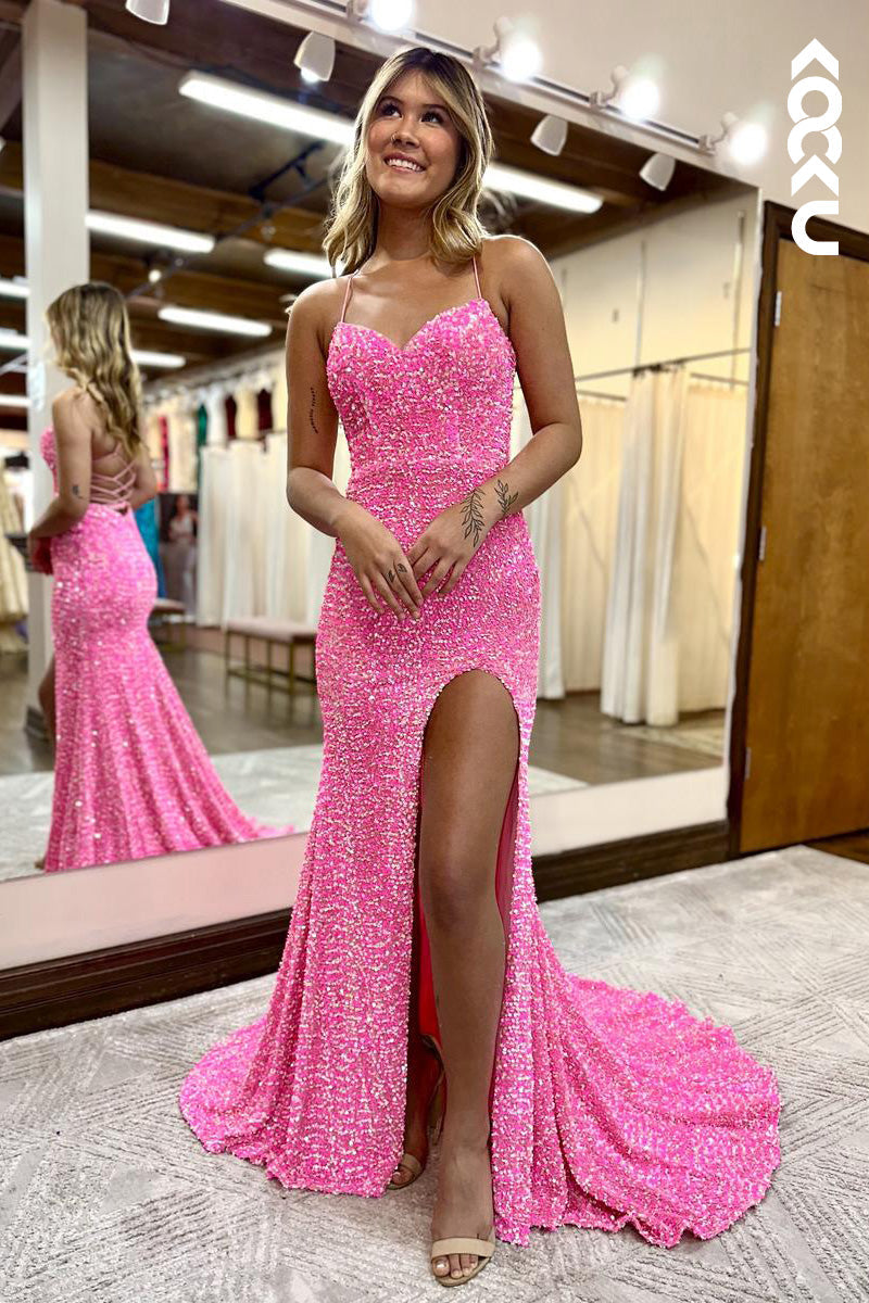 L2093 - Sweetheart Spaghetti Straps Sequins Sheath Long Prom Evening Dress With Slit