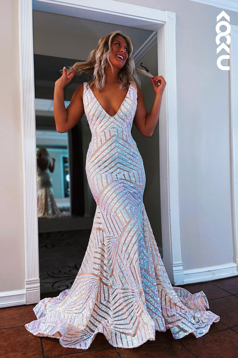 L2095 - V-Neck Sleeveless Sequins Mermaid Long Prom Evening Dress With Sweep Train