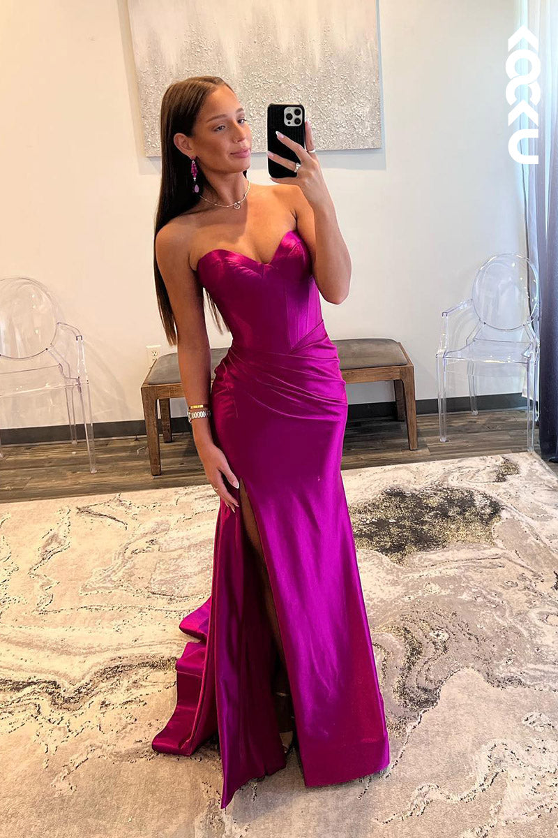 L2096 - Sweetheart Strapless Ruched Satin Sheath Long Prom Evening Dress With Slit