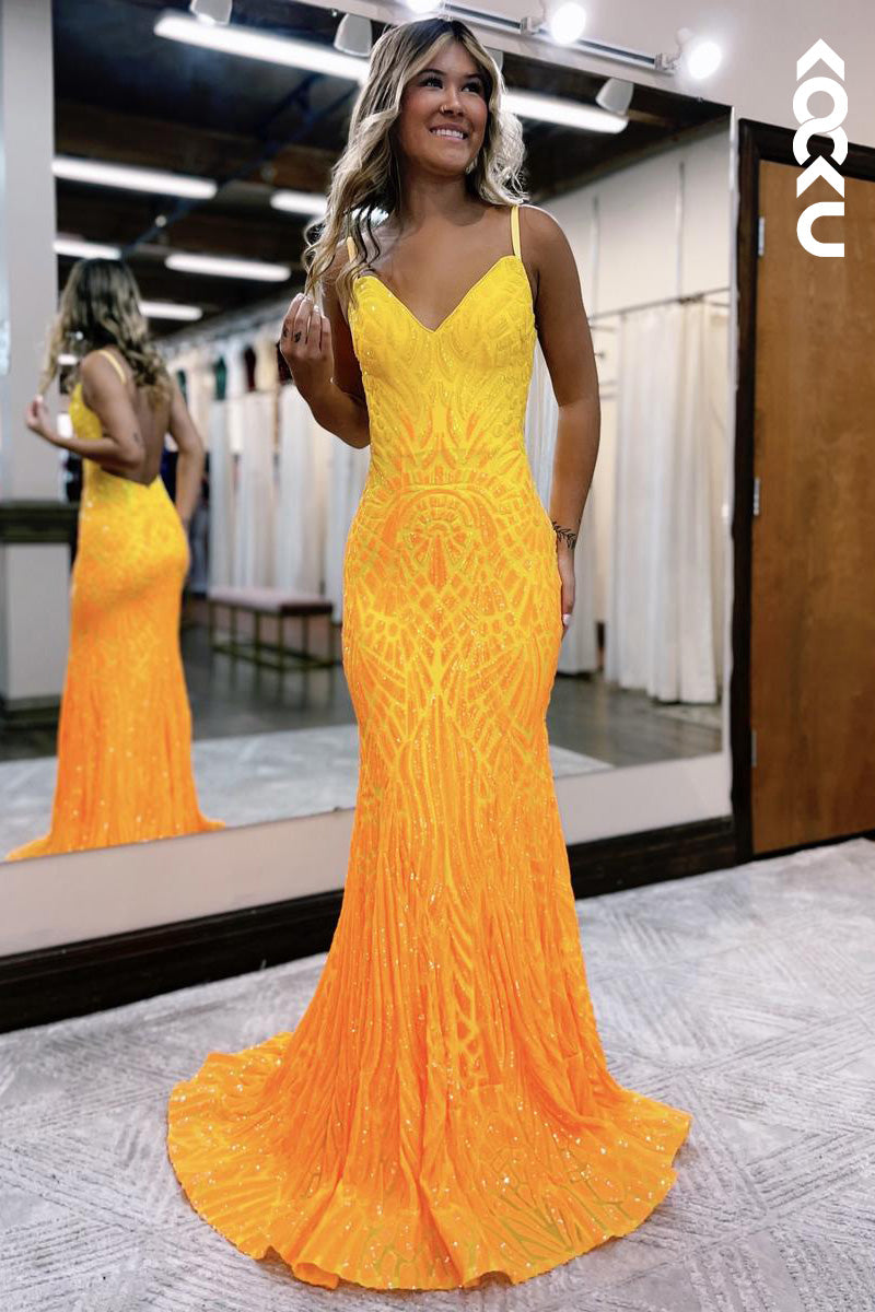 L2097 - V-Neck Backless Sequins Mermaid Long Prom Evening Dress With Sweep Train