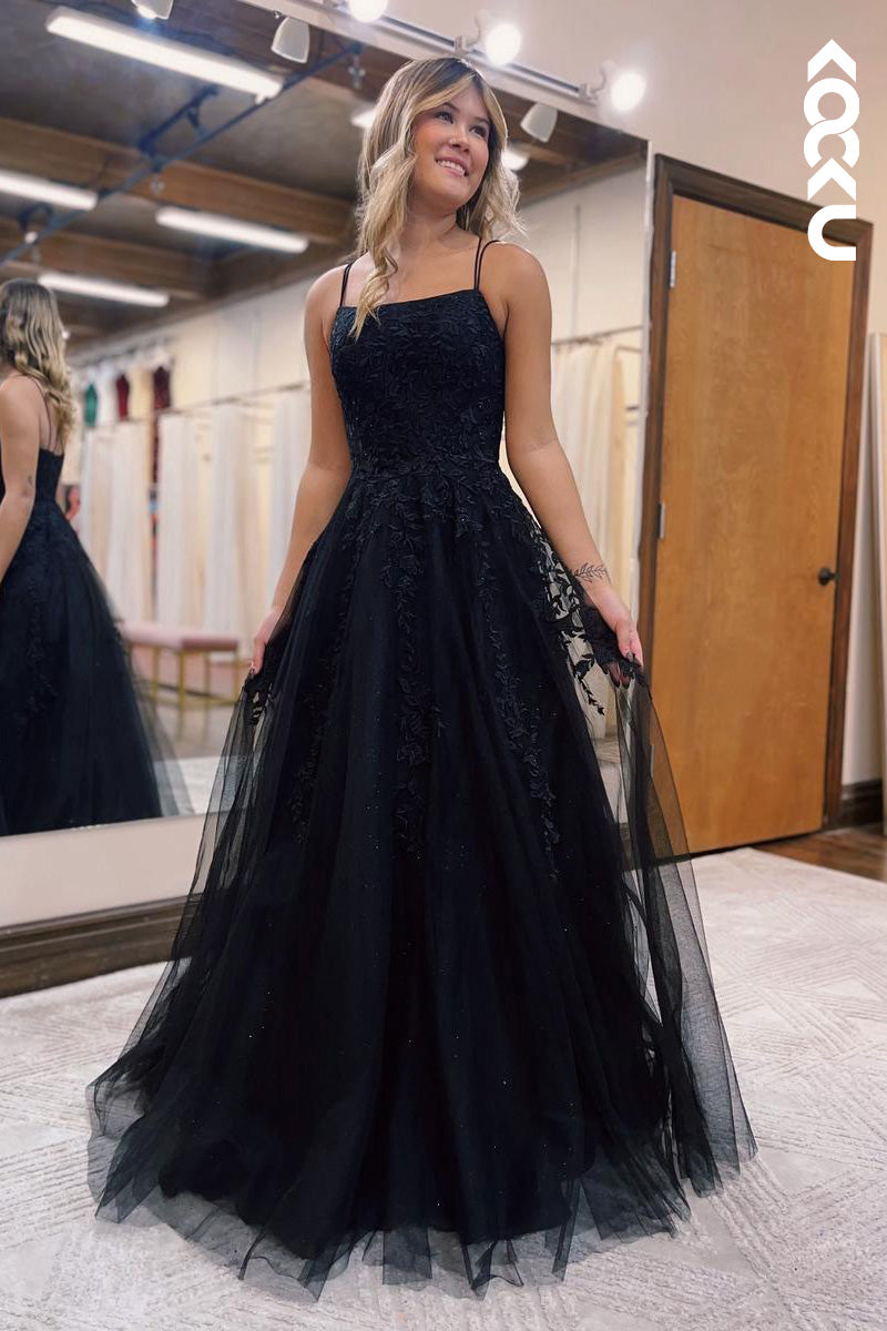 L2100 - Square Neck Spaghetti Straps Appliqued Tulle A-Line Long Prom Evening Dress
