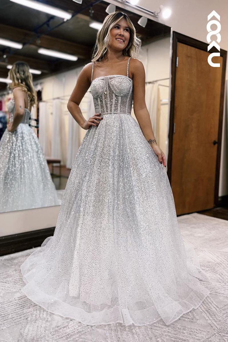 L2101 - Sparkle Spaghetti Straps Beaded Sequins Tulle A-Line Long Prom Evening Dress