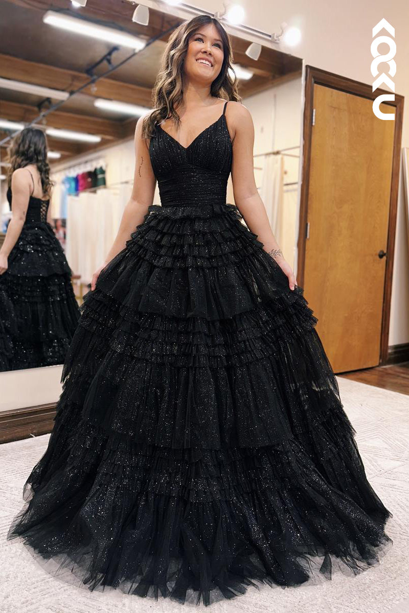 L2102 - Sparkle V-Neck Spaghetti Straps Ruched Tulle A-Line Long Prom Evening Dress