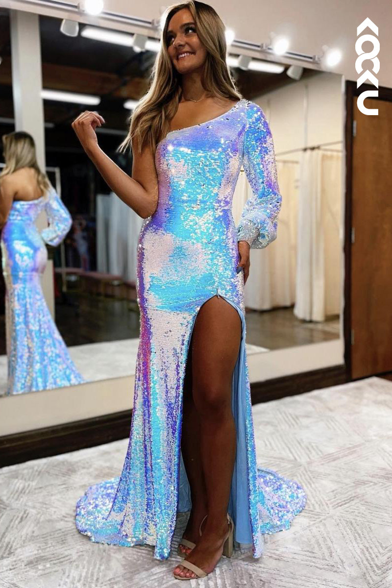 L2103 - One Shoulder Long Sleeves Sequins Sheath Long Prom Evening Dress With Slit