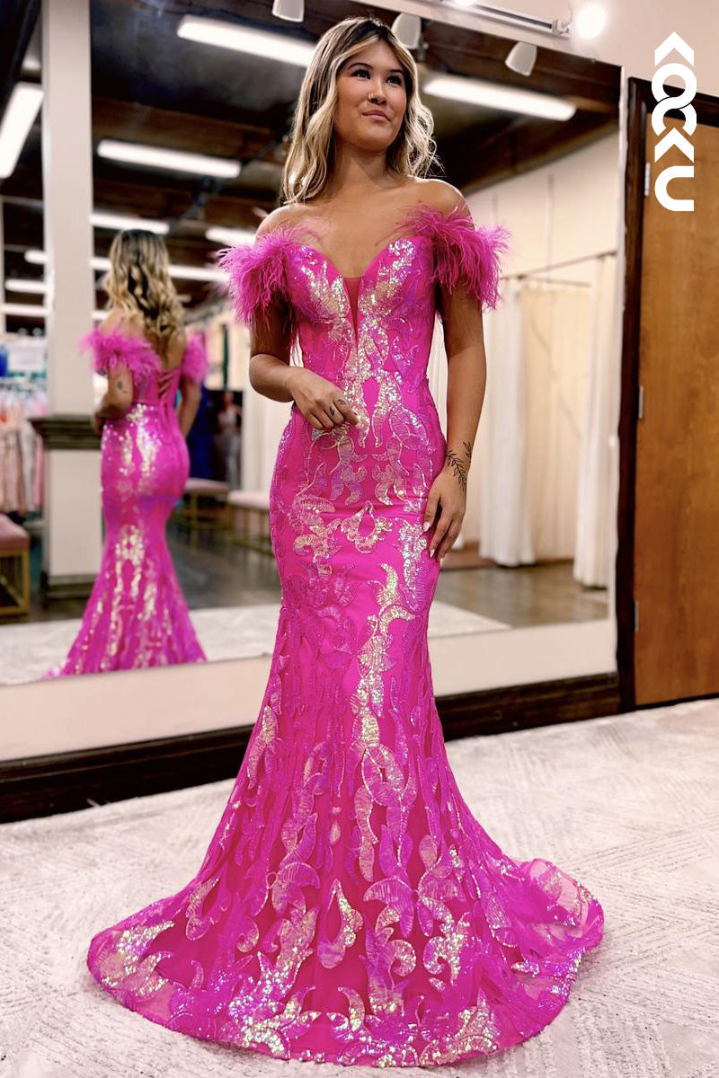 L2104 - Off-Shoulder Low V-Neck Sequins Feather Mermaid Long Prom Evening Dress