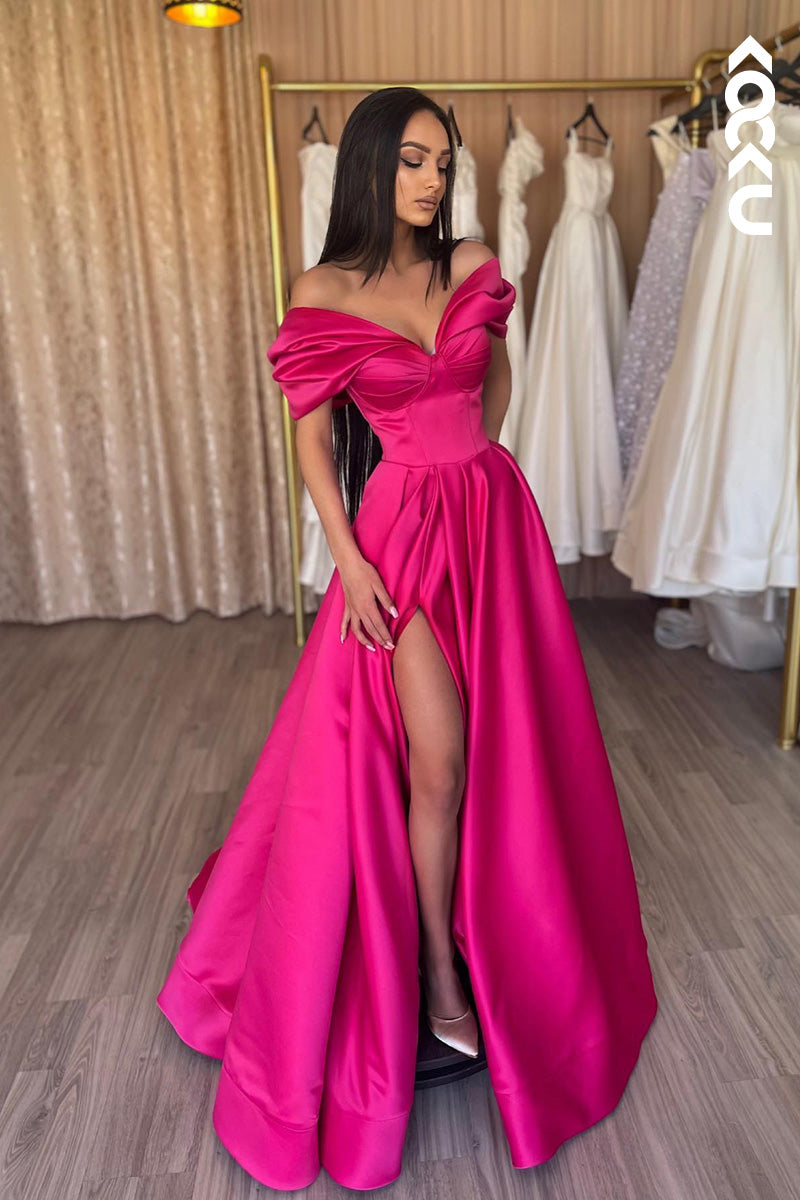 L2105 - Off-Shoulder Sleeveless Ruched Satin A-Line Long Prom Evening Dress With Slit