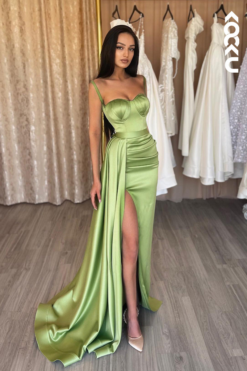 L2106 - Sweetheart Sleeveless Ruched Satin Sheath Long Prom Evening Dress With Slit