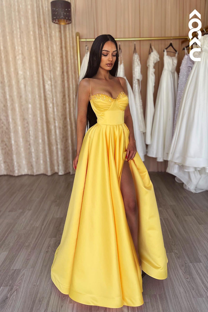 L2107 - Sweetheart Spaghetti Straps Beaded Ruched A-Line Long Prom Evening Dress