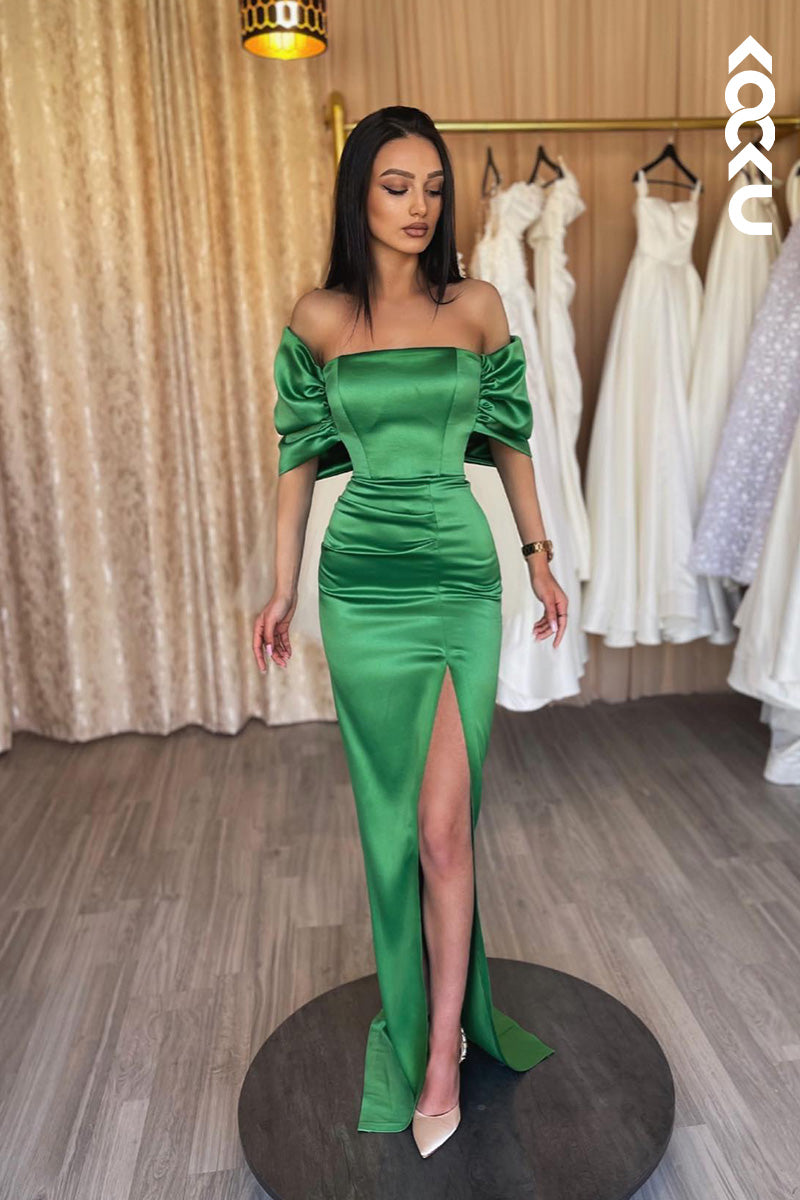 L2108 - Off-Shoulder Strapless Ruched Satin Sheath Long Prom Evening Dress With Slit