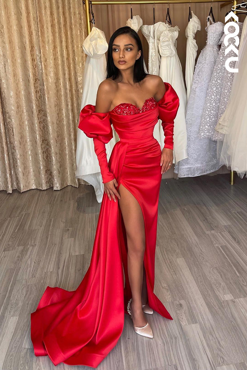 L2109 - Off-Shoulder Long Sleeves Sequins Ruched Satin Sheath Long Prom Evening Dress
