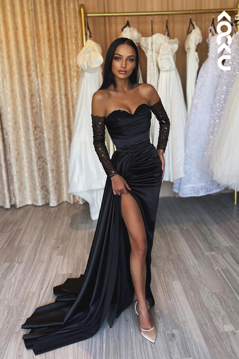 L2110 - Off-Shoulder Long Sleeves Sequins Ruched Satin Sheath Long Prom Evening Dress