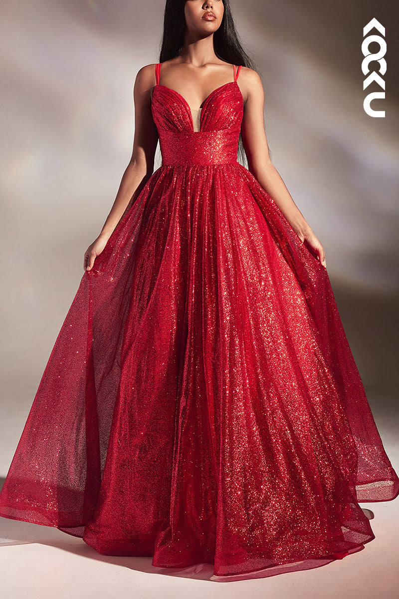 L2112 - Sparkle Sweetheart Sheer Ruched Tulle A-Line Long Prom Evening Dress