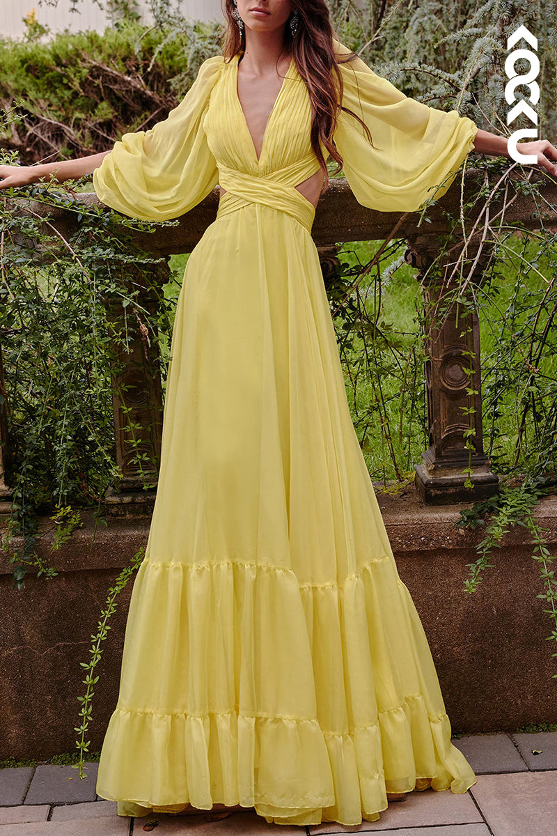 L2115 - Low V-Neck Long Sleeves Cut Outs Ruched Tulle A-Line Long Prom Evening Dress