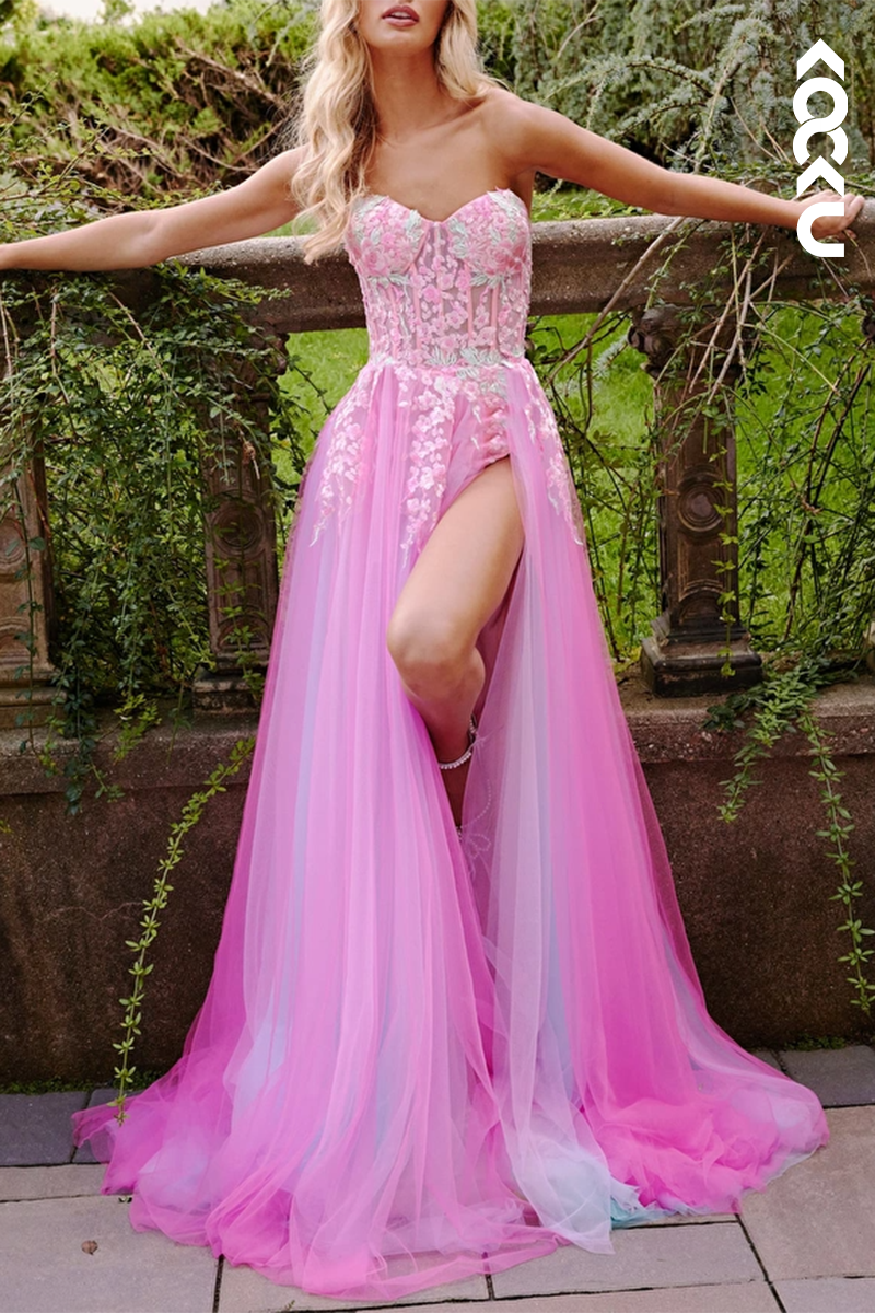 L2116 - Sweetheart Strapless Floral Appliqued Ruch Tulle A-Line Long Prom Evening Dress