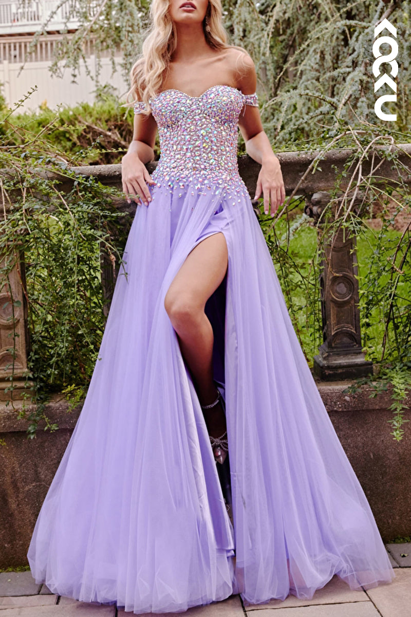 L2117 - Off-Shoulder Sweetheart Beaded Sheer Ruched Tulle A-Line Long Prom Dress