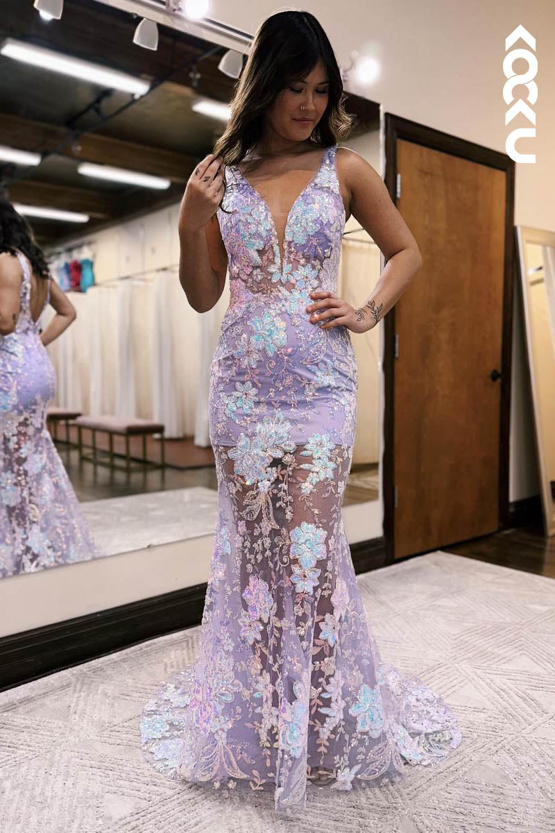 L2124 - Low V-Neck Backless Floral Appliqued Sheer Tulle Mermaid Long Prom Dress