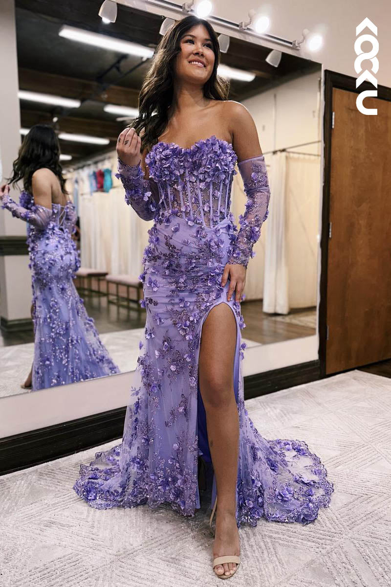 L2127 - Sweetheart Floral Beaded Appluqued Sheer Tulle Sheath Long Prom Evening Dress
