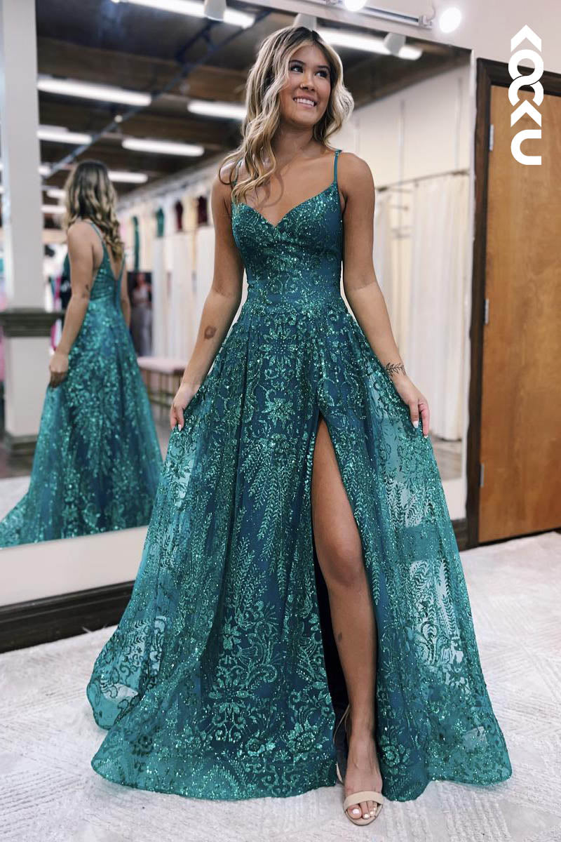 L2128 - V-Neck Spaghetti Straps Sequins Tulle A-Line Long Prom Evening Dress With Slit