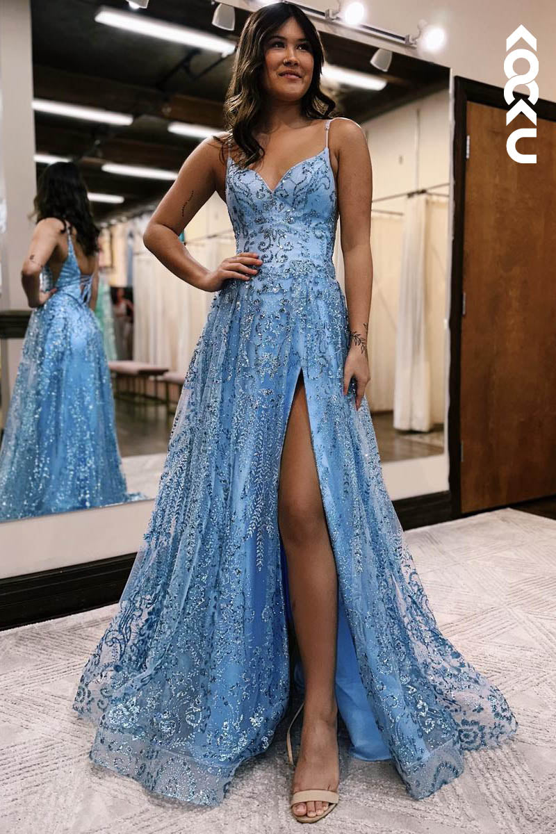 L2128 - V-Neck Spaghetti Straps Sequins Tulle A-Line Long Prom Evening Dress With Slit