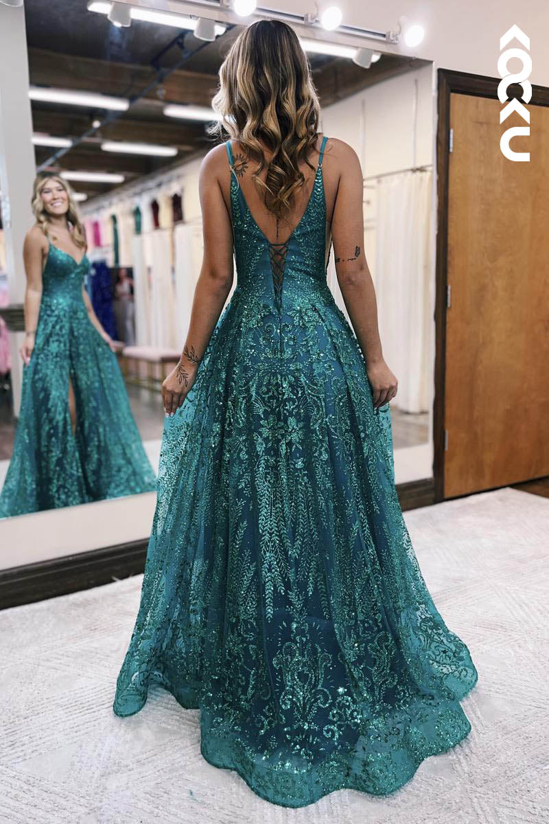 L2128 - V-Neck Spaghetti Straps Sequins Tulle A-Line Long Prom Evening Dress With Slit
