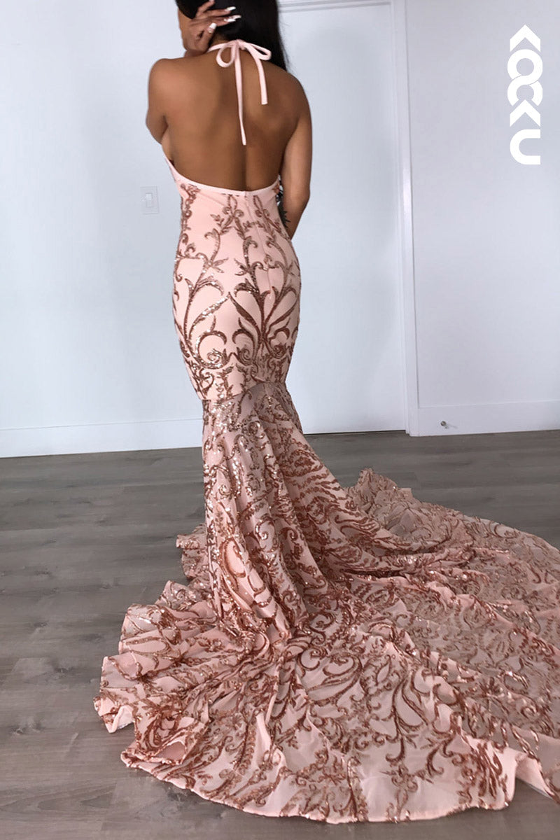 L2131 - V-Neck Halter Backless Sequins Satin Mermaid Long Prom Evening Dress