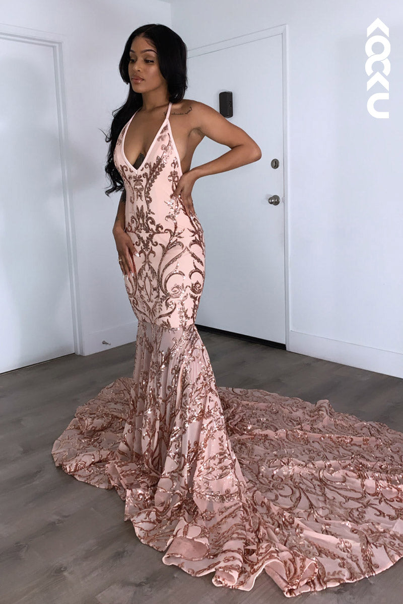 L2131 - V-Neck Halter Backless Sequins Satin Mermaid Long Prom Evening Dress