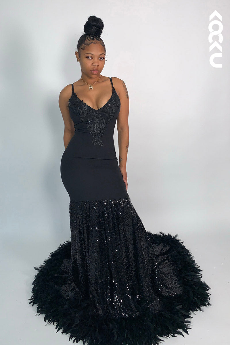 L2132 - V-Neck Appliqued Sequins Feather Satin Mermaid Long Prom Evening Dress