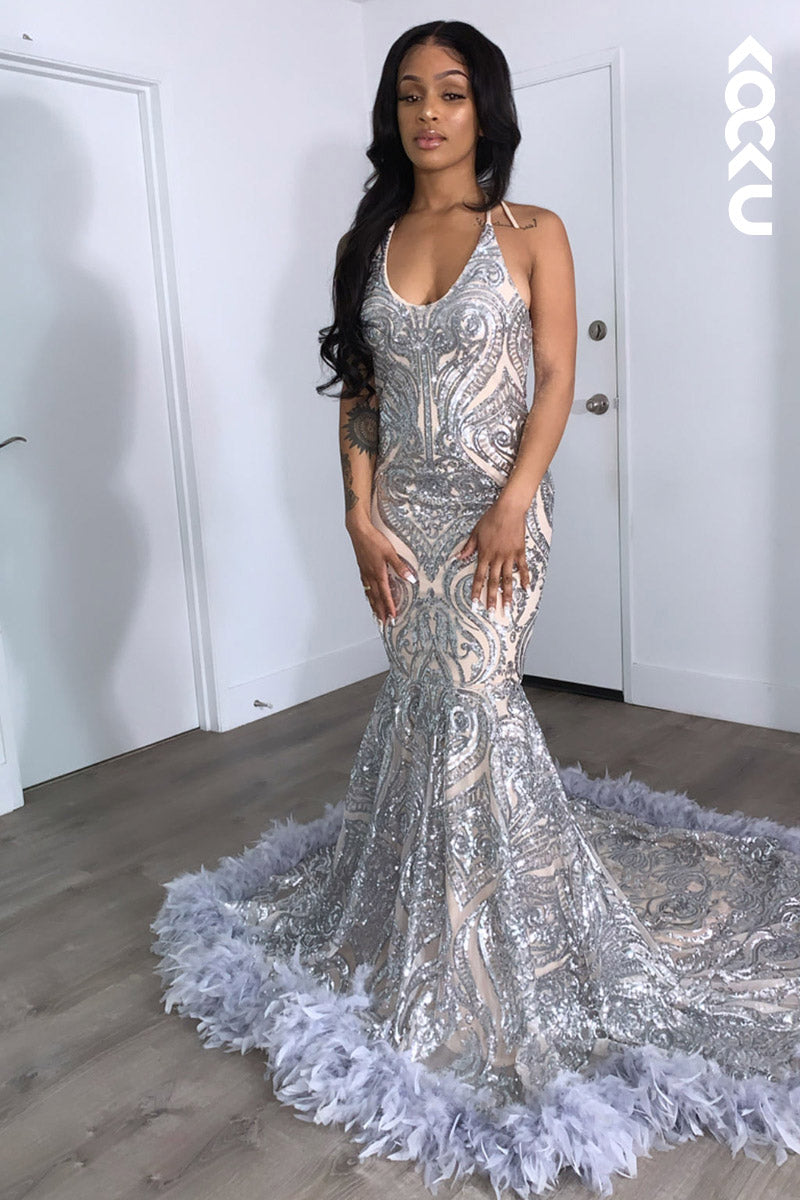 L2134 - V-Neck Halter Sequins Satin Feather Mermaid Long Prom Evening Dress