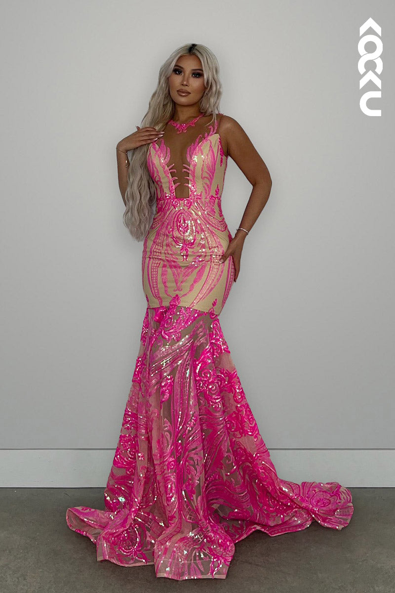 L2135 - Low V-Neck Sleeveless Sequins Sheer Tulle Mermaid Long Prom Evening Dress
