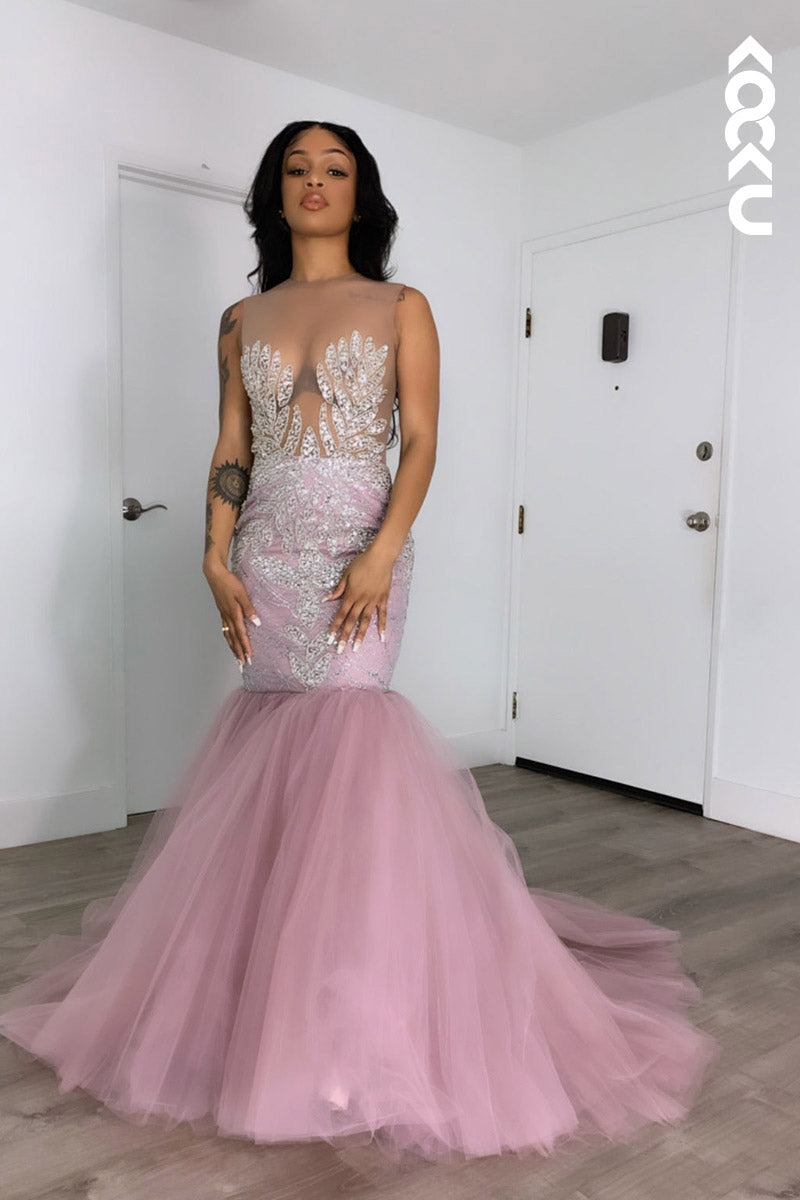 L2136 - Scoop Sequins Appliqued Sheer Tulle Mermaid Long Prom Evening Dress