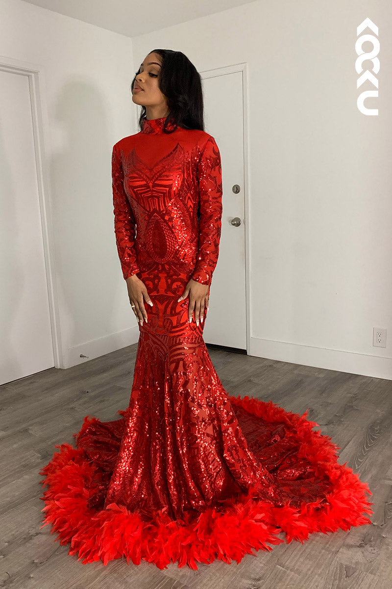 L2140 - High Neck Long Sleeves Sequins Tulle Feather Mermaid Long Prom Evening Dress
