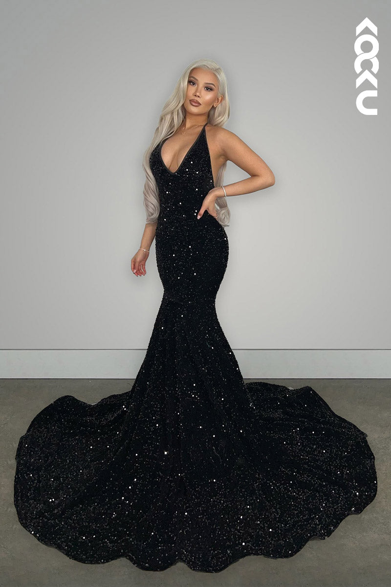 L2142 - V-Neck Halter Backless Sequins Mermaid Long Prom Evening Dress With Sweep Train