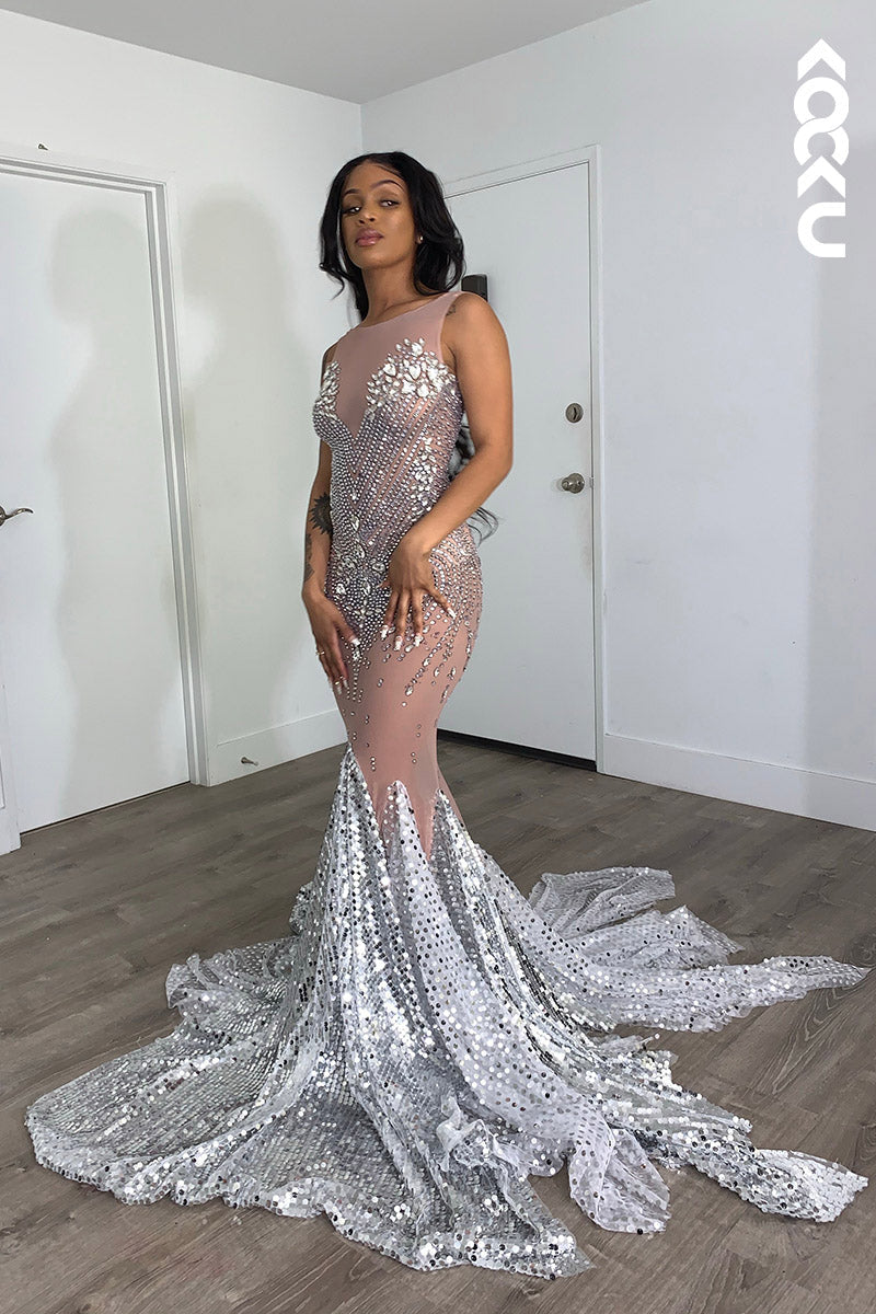 L2143 - Scoop Sleeveless Beaded Sheer Tulle Mermaid Long Prom Dress With Sweep Train