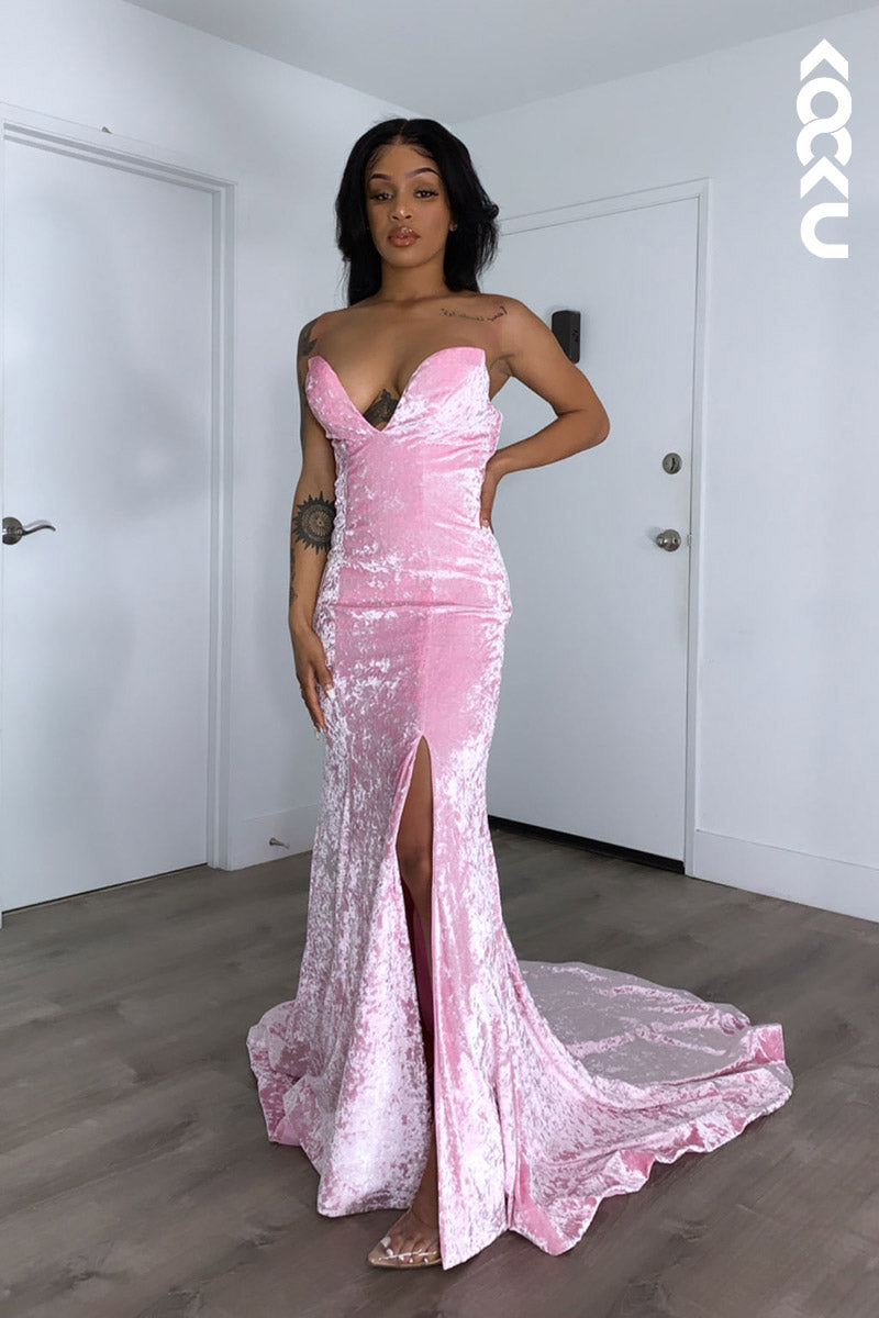 L2144 - Sweetheart Strapless Sleeveless Velvet Sheath Long Prom Evening Dress With Slit