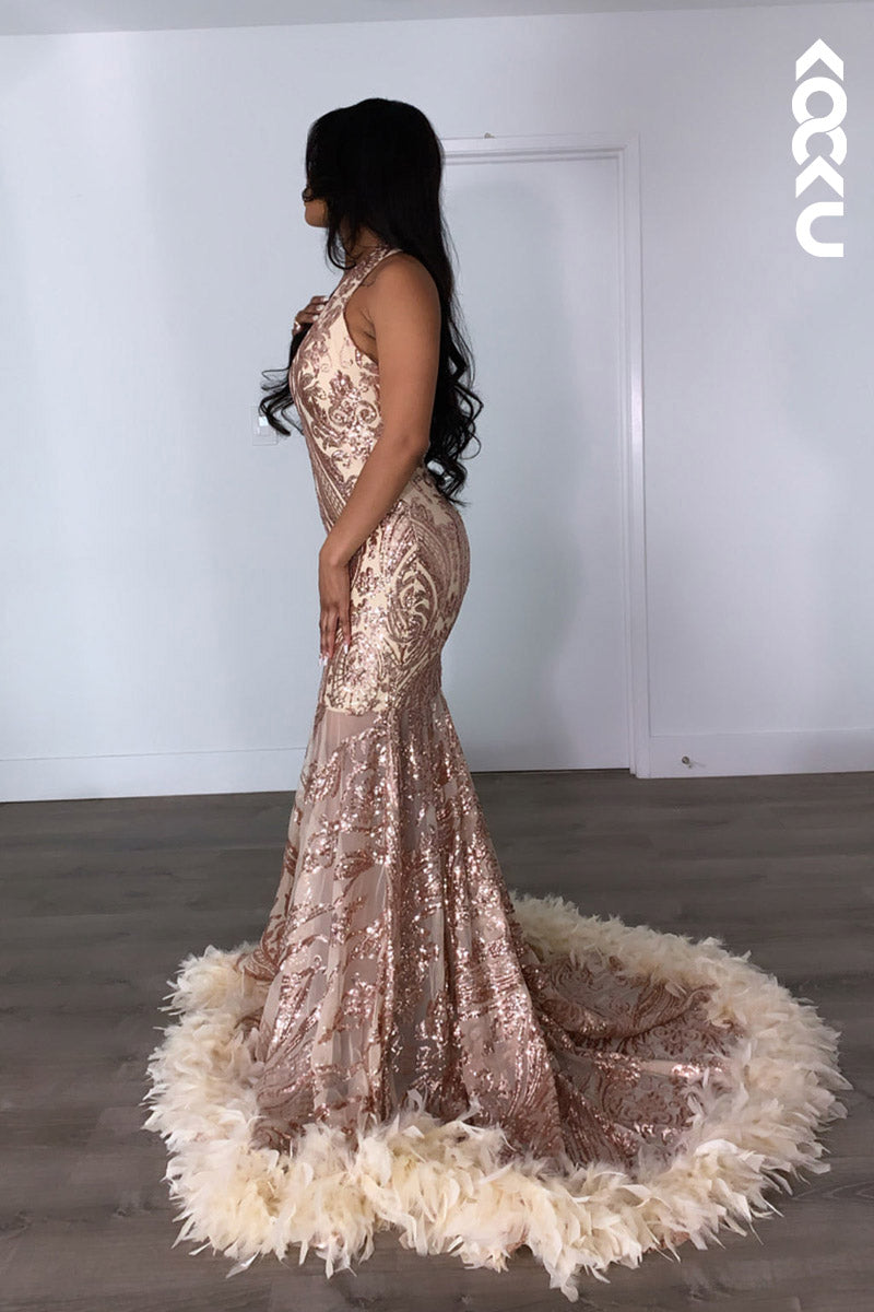 L2145 - V-Neck Sleeveless Sequins Sheer Tulle Feather Mermaid Long Prom Evening Dress
