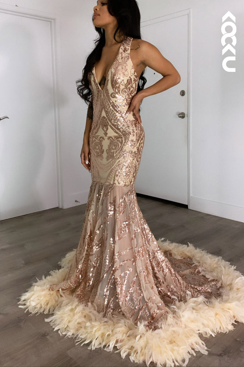 L2145 - V-Neck Sleeveless Sequins Sheer Tulle Feather Mermaid Long Prom Evening Dress
