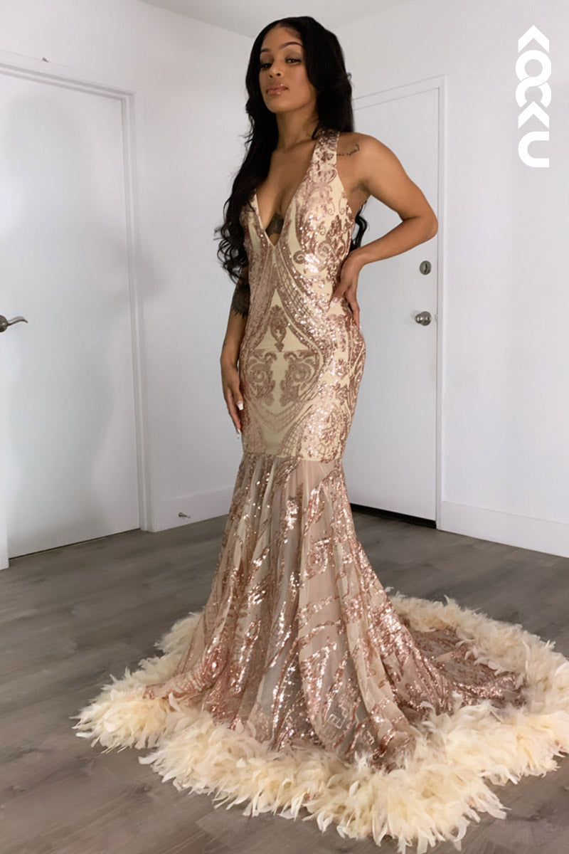 L2145 - V-Neck Sleeveless Sequins Sheer Tulle Feather Mermaid Long Prom Evening Dress