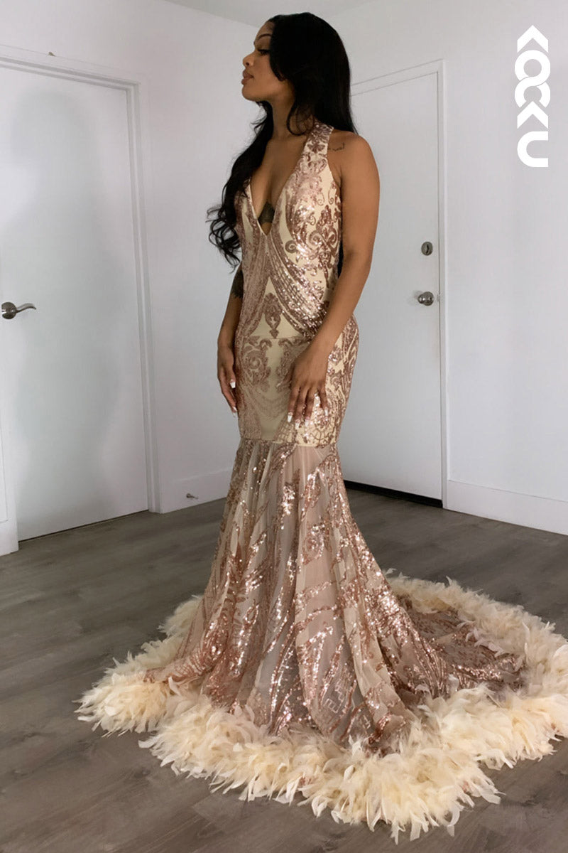 L2145 - V-Neck Sleeveless Sequins Sheer Tulle Feather Mermaid Long Prom Evening Dress