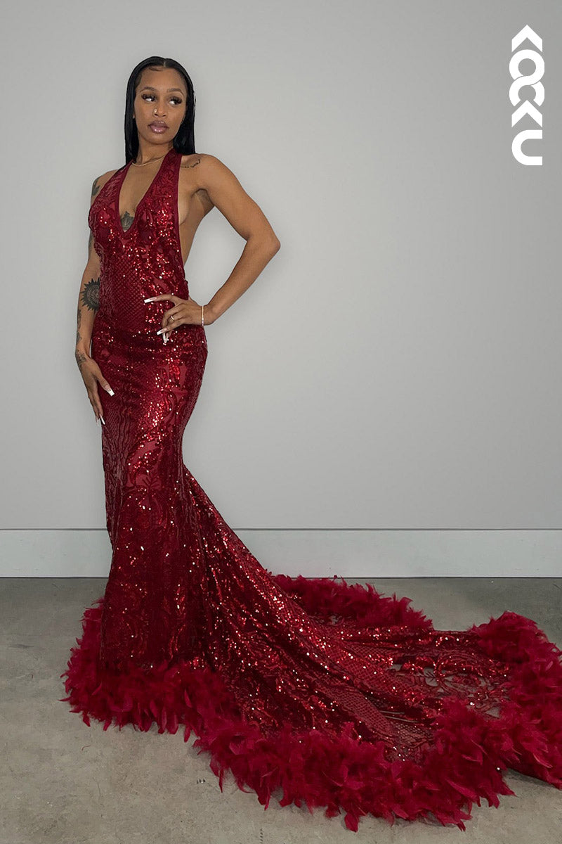 L2147 - V-Neck Halter Backless Sequins Sheer Tulle Feather Mermaid Long Prom Dress