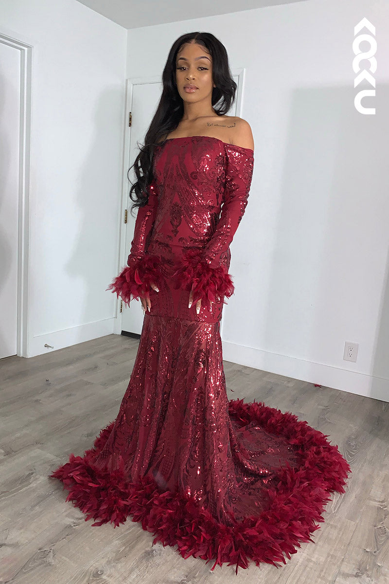 L2148 - Off-Shoulder Long Sleeves Sequins Tulle Feather Mermaid Long Prom Evening Dress